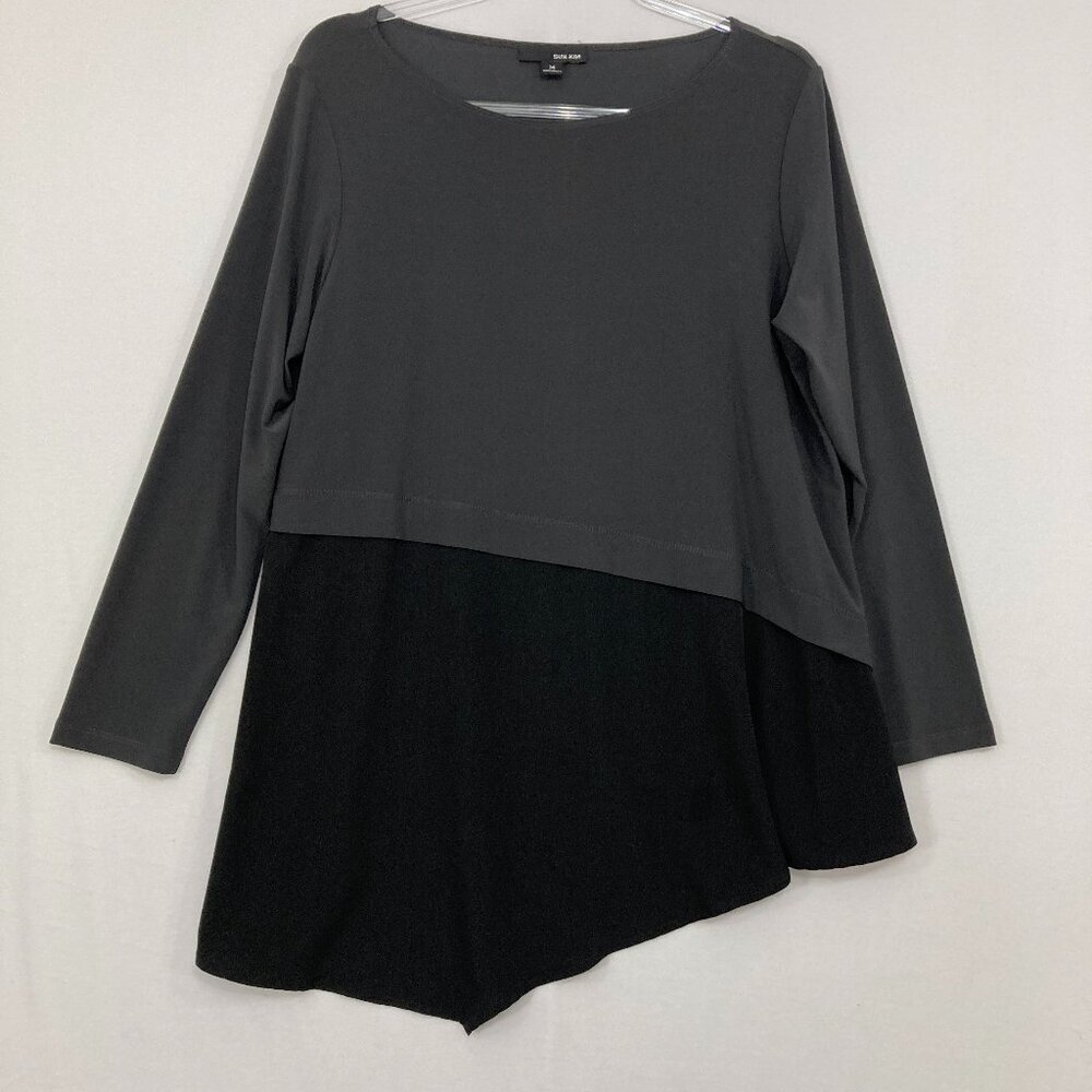 Sun Kim Medium‎ Gray Black Color-block Stretch Knit Asymmetric Top